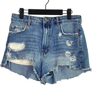 ZARA The High Waist Short Cotton Distressed Raw Hem Button Closure 6 Blue #3727